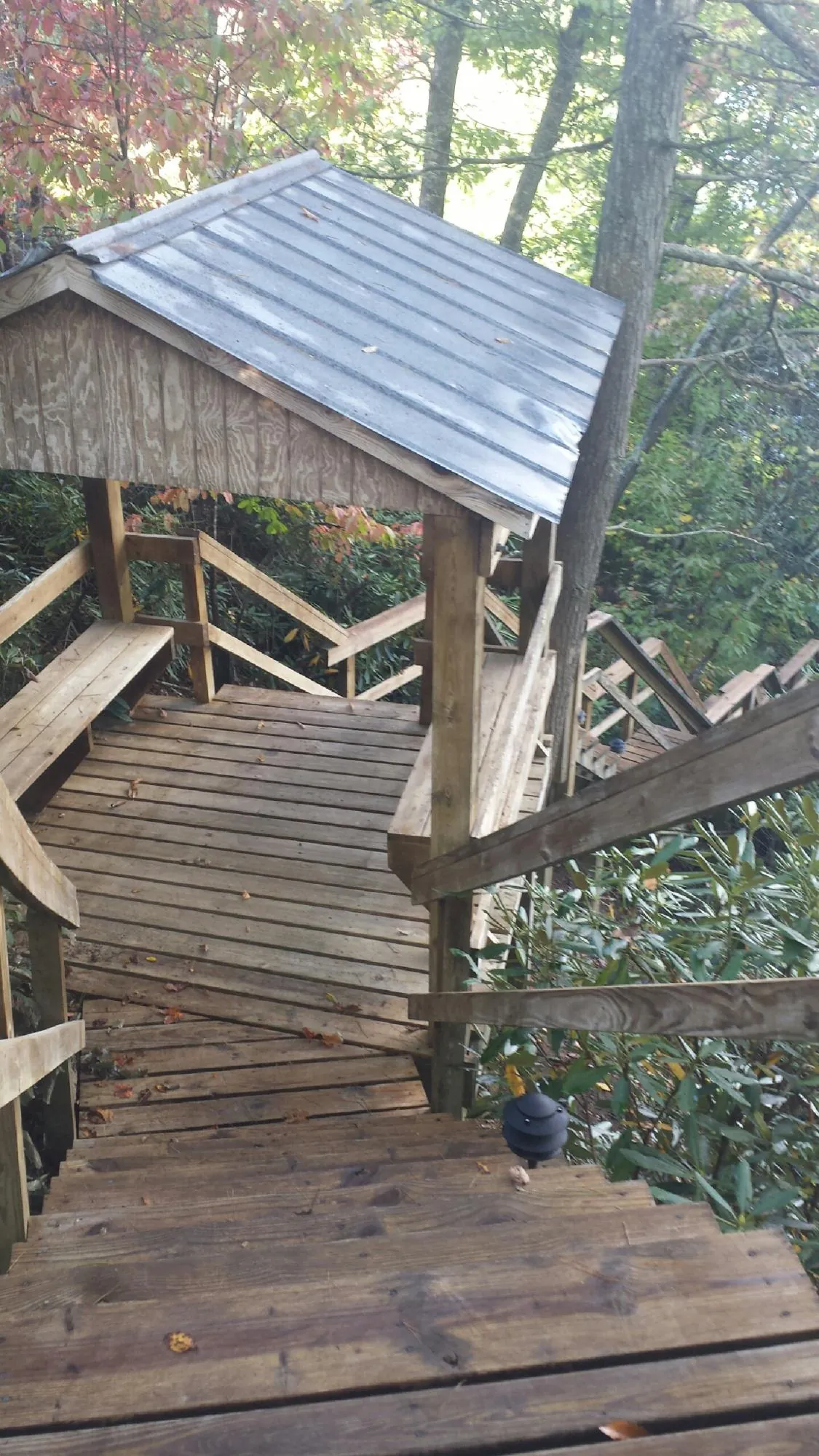 Metal roofed shelter over wooden steps on a wooded walkway — Skylight Repair & Installation work by our crew in Berkeley Springs